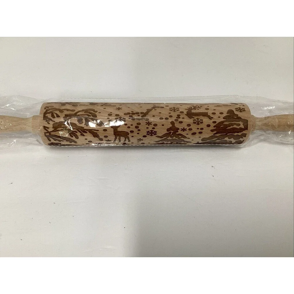 wooden embossed rolling pin engraved Christmas deer forest trees snowflakes